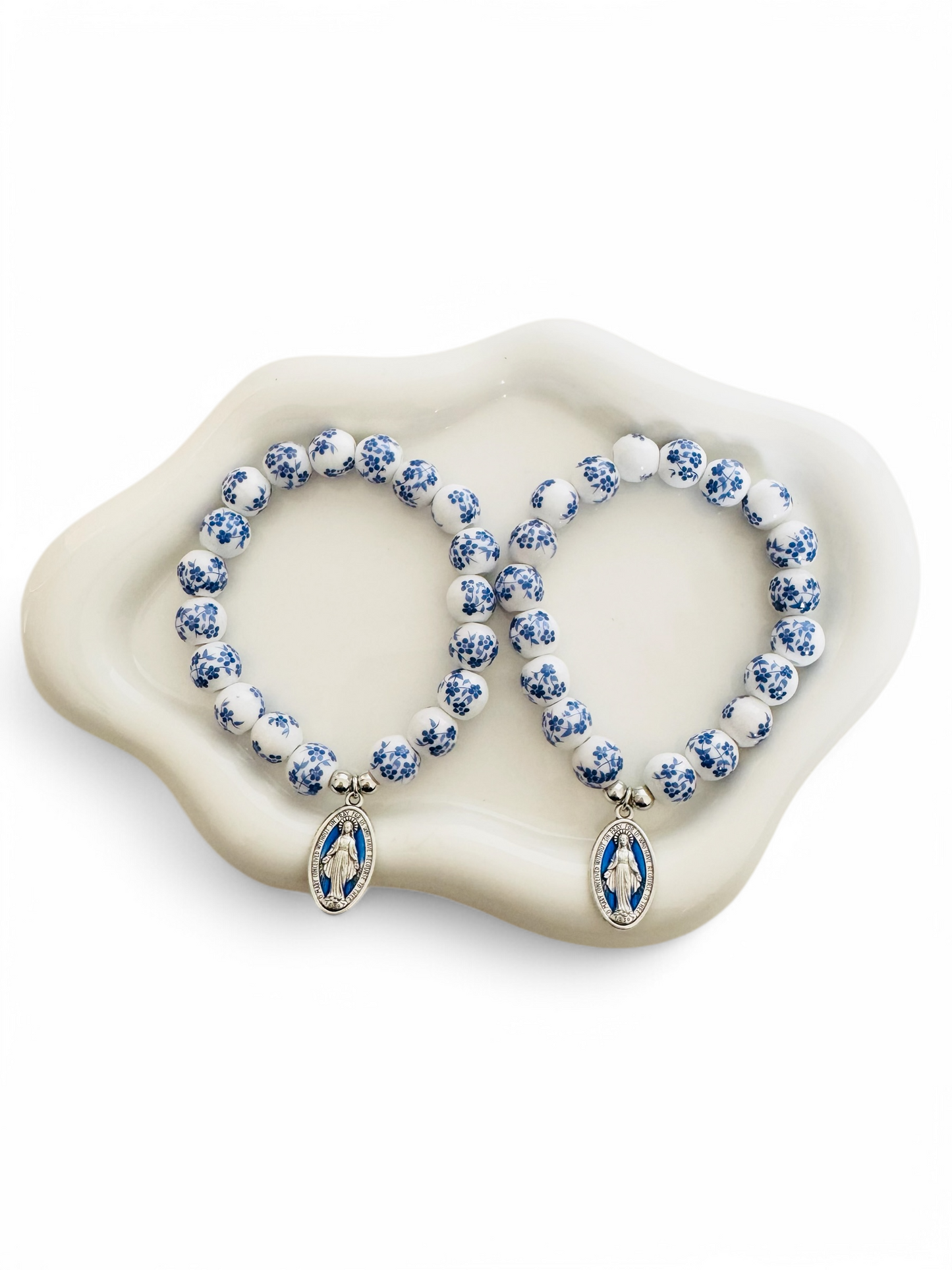 Blue and White Beads Bracelet with Miraculous Medal of Virgin Mary