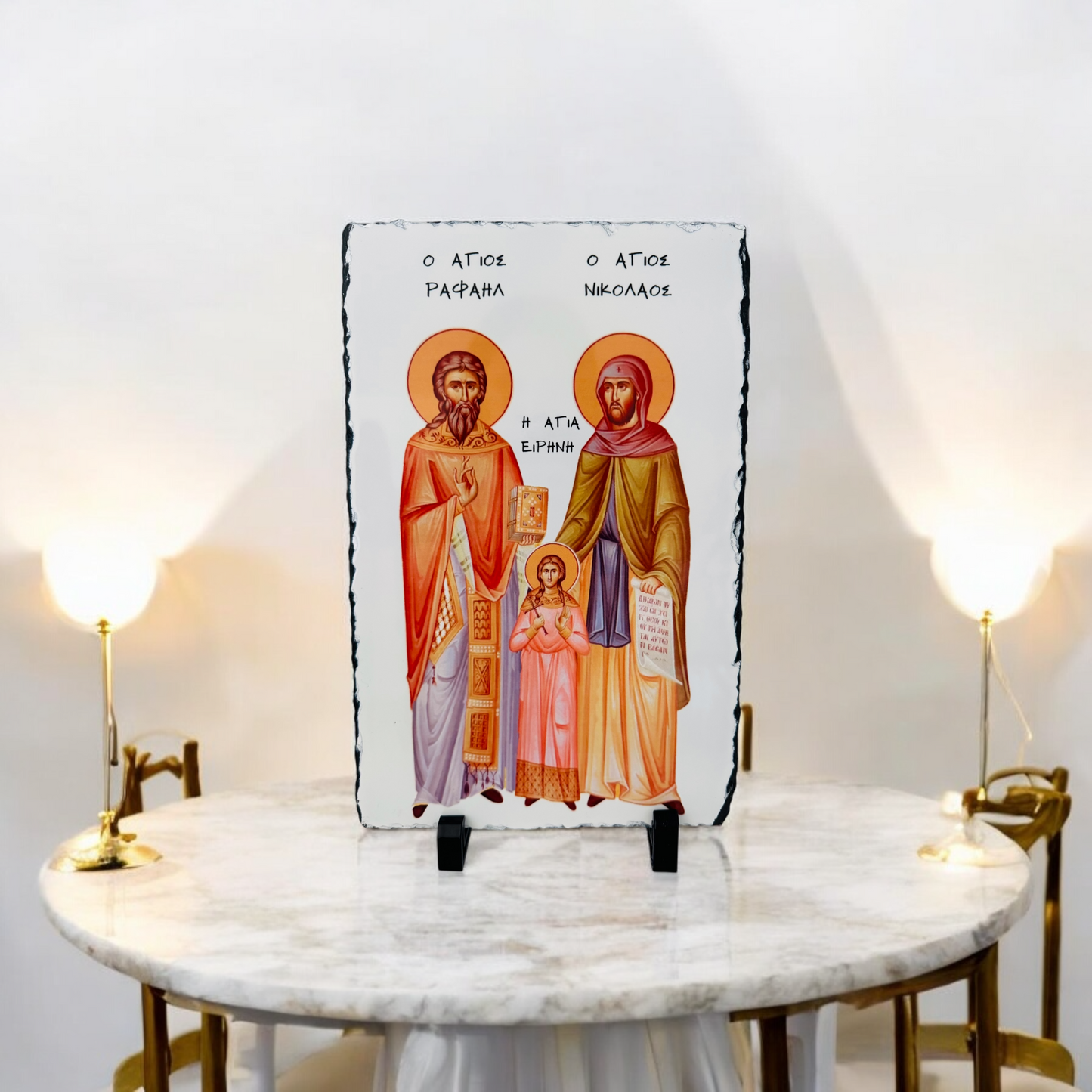 Saint Raphael, Nikolas and Irene Slate Tile - Greek