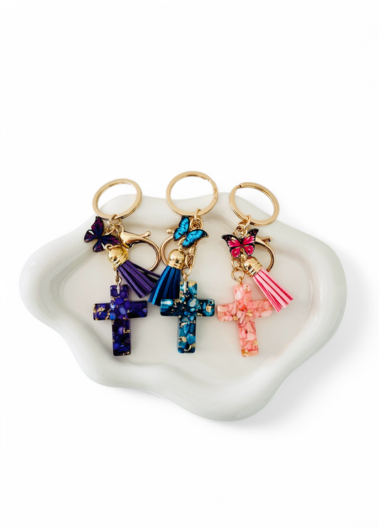 Resin Cross with Butterfly Keyring
