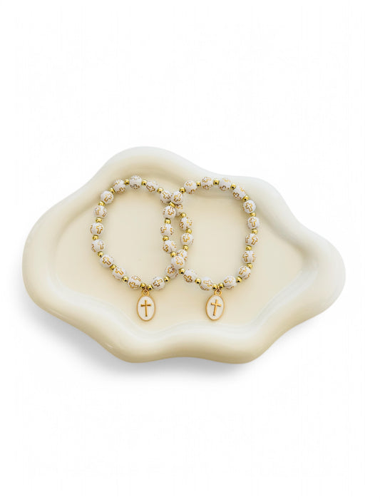 Gold and White Cross Beads Bracelet
