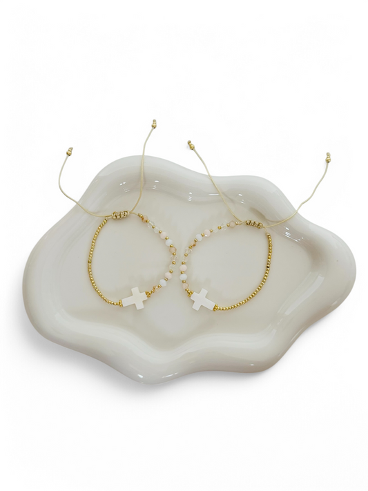 Stone Beaded Bracelet with White Shell Cross