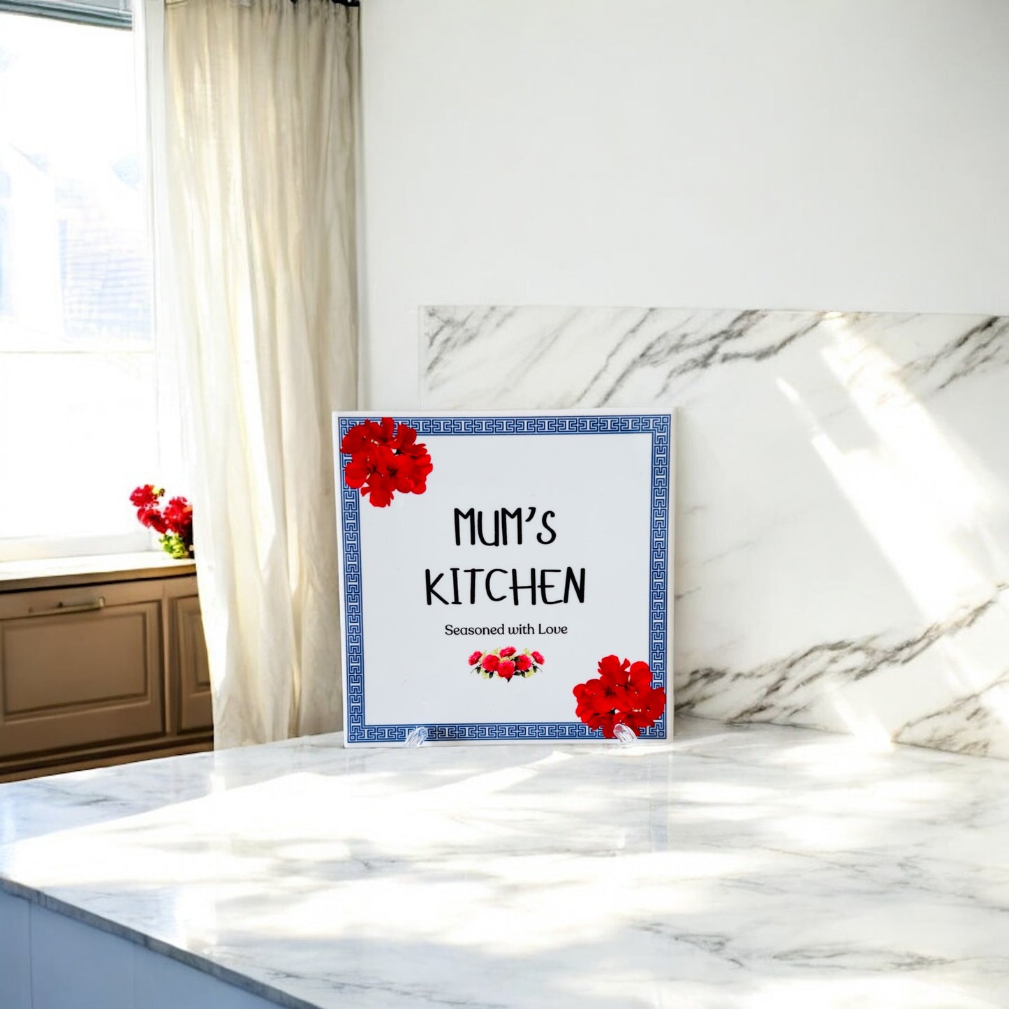 'Mum's Kitchen' Ceramic Tile - Greek Flowers