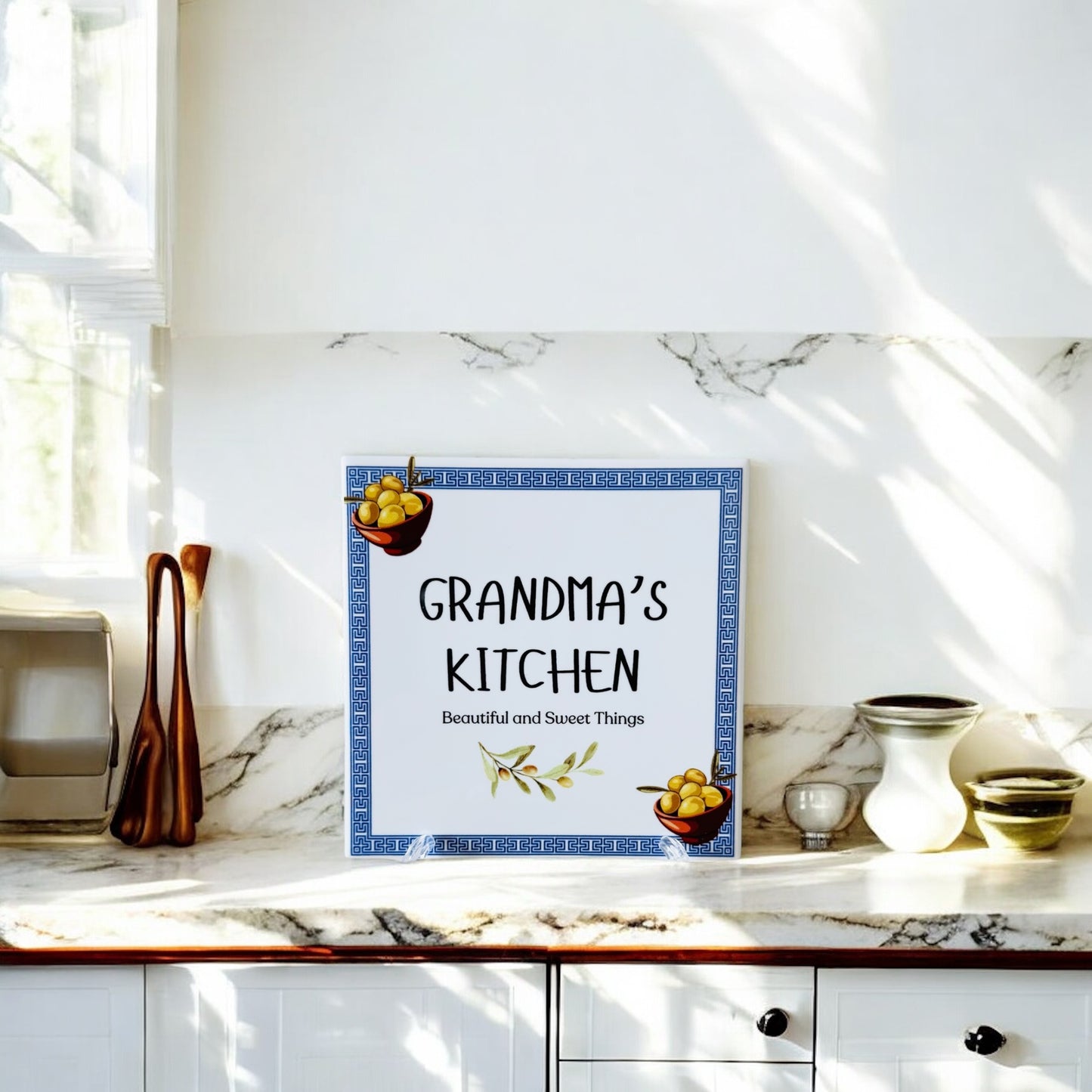 'Grandma's Kitchen' Ceramic Tile - Olives