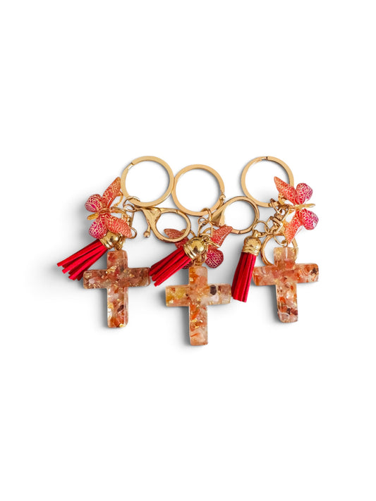 Red Resin Cross with Butterfly Keyring