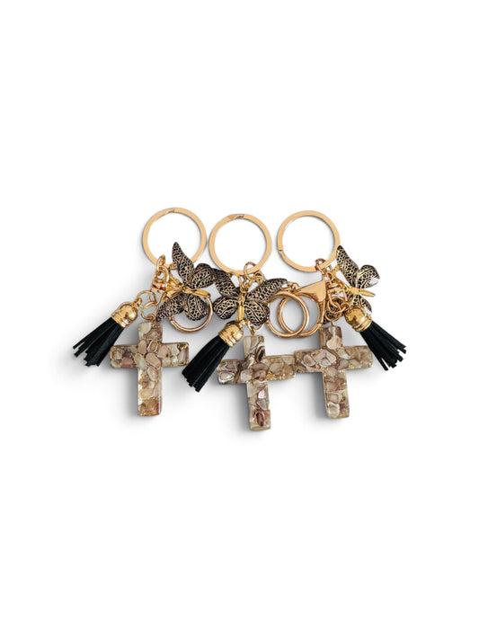 Black Resin Cross with Butterfly Keyring